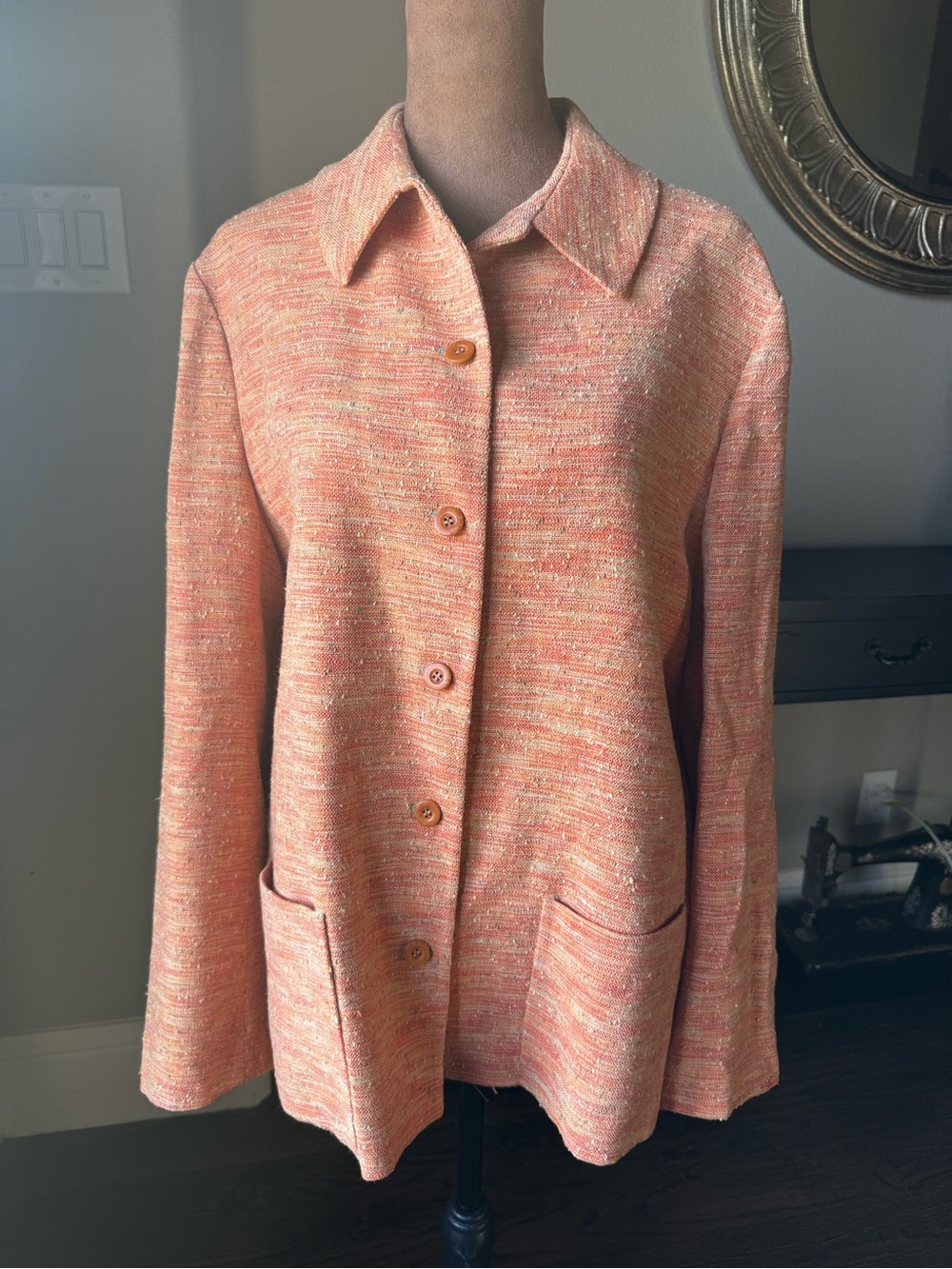 Zanella Italy Wool Silk Tweed Jacket Neiman Marcus Coral Peach Size 10